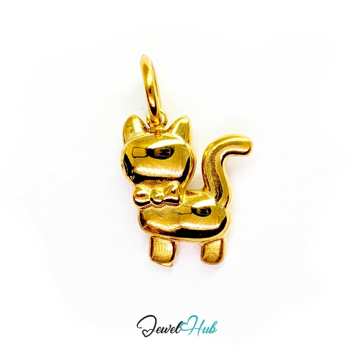 Cute cat charm in gold stainless steel, standing with its tail held up - JewelHub