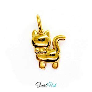 Cute cat charm in gold stainless steel, standing with its tail held up - JewelHub