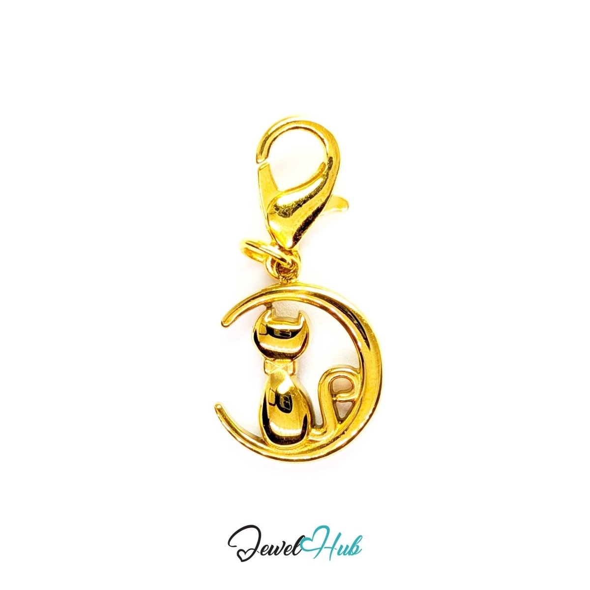 Gold Classic Cute Cat charm fitted with a lobster clasp, ready to clip onto a bracelet, bag or keyring - JewelHub