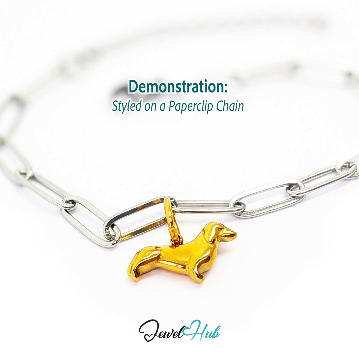 Gold classic dachshund sausage dog charm styled on a silver paperclip chain bracelet for a two-tone look - JewelHub
