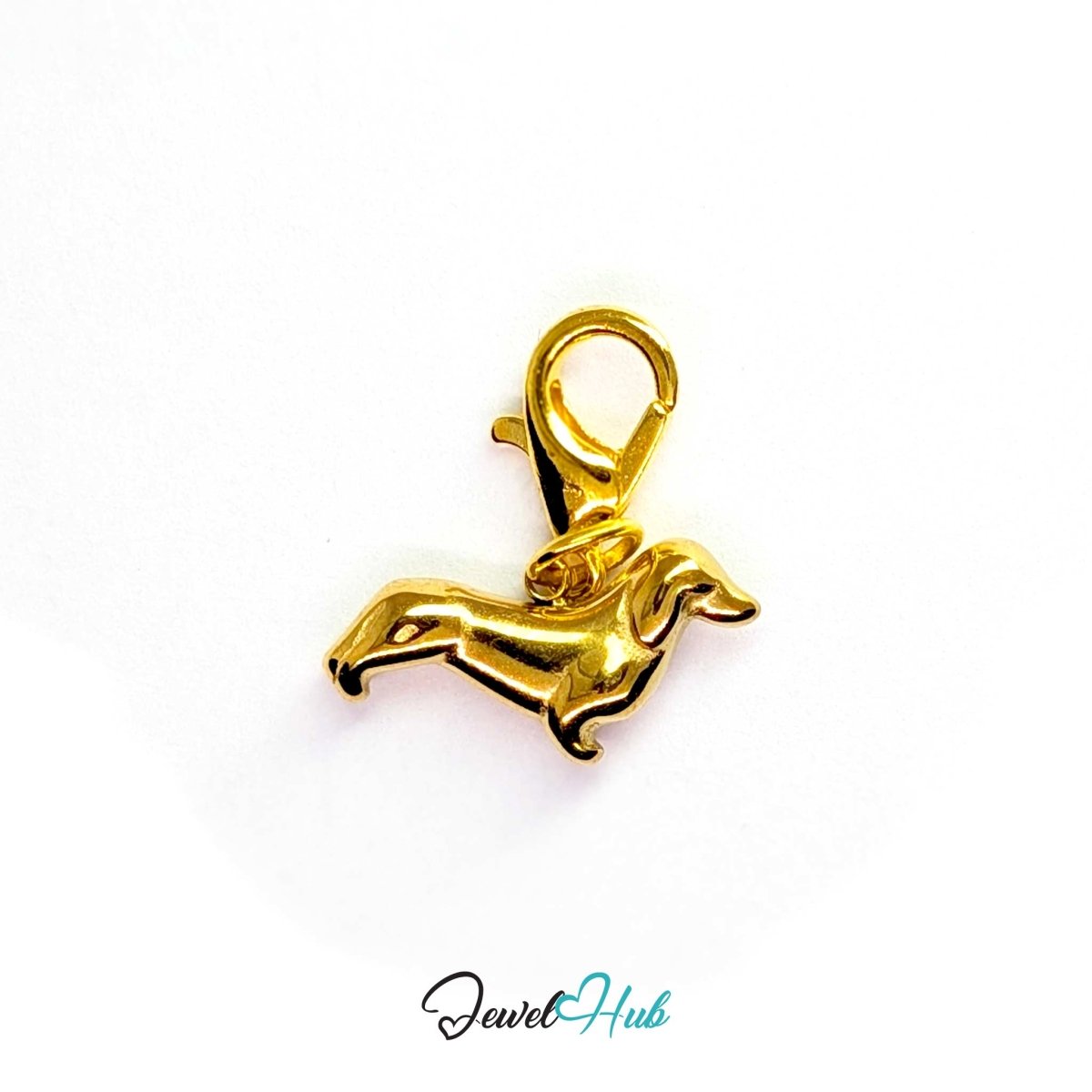Gold Classic Dachshund Dog charm fitted with a lobster clasp, ready to clip onto a bracelet, bag or keyring - JewelHub