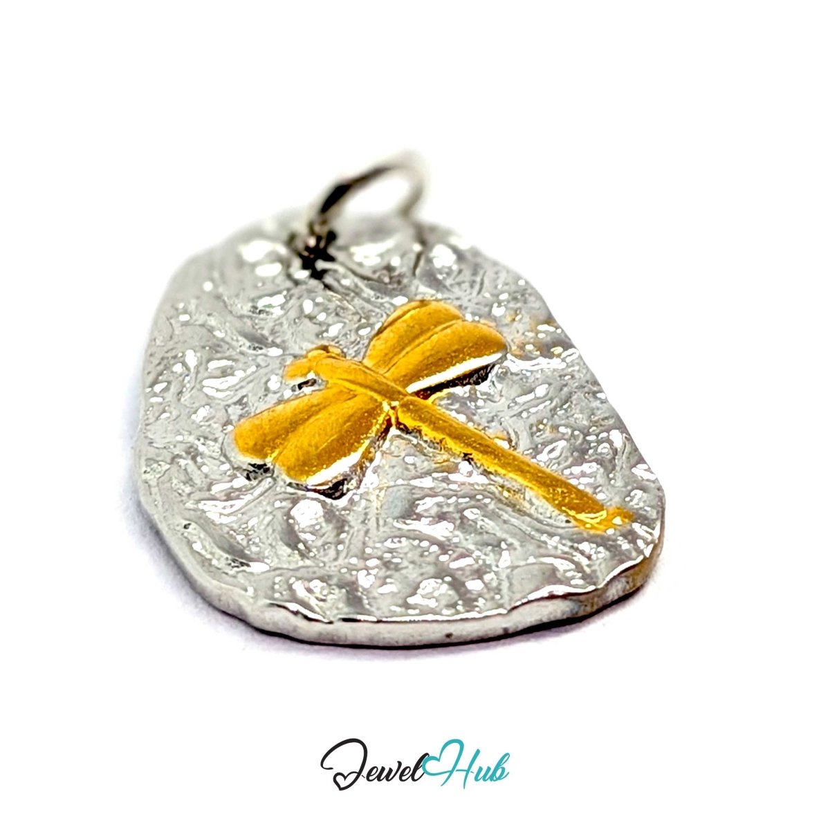 Close angled view of the dragonfly charm showing the hammered texture behind the gold wings - JewelHub