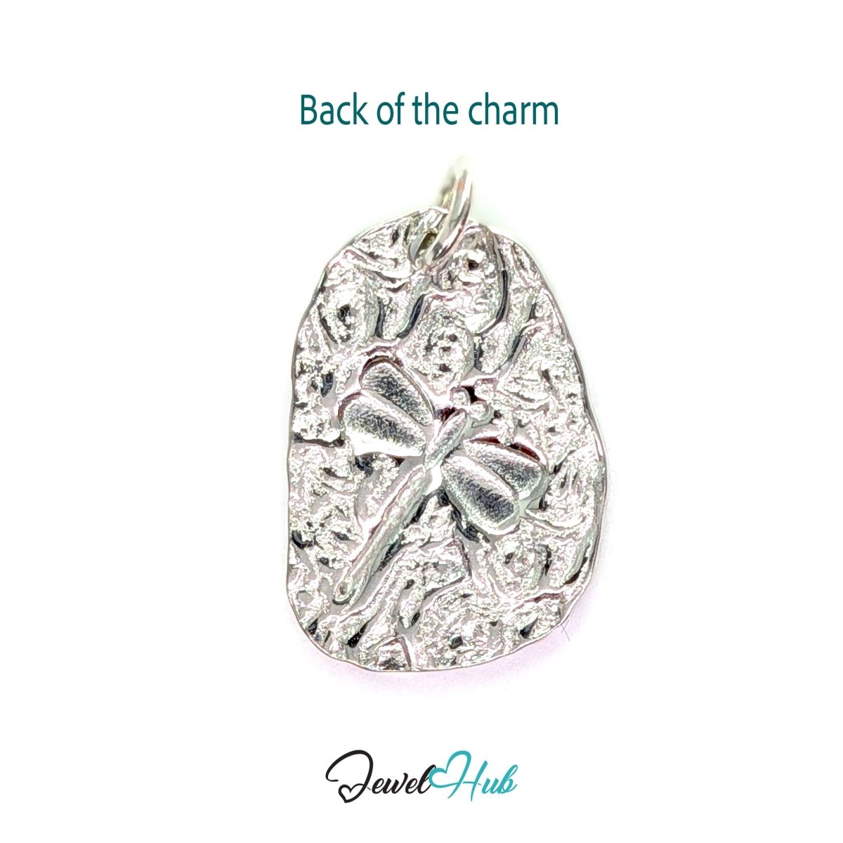 Back of the dragonfly charm - the same textured silver plaque with a raised dragonfly outline - JewelHub