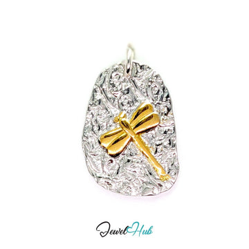 Two-tone dragonfly charm - gold dragonfly raised on a textured silver stainless steel plaque - JewelHub