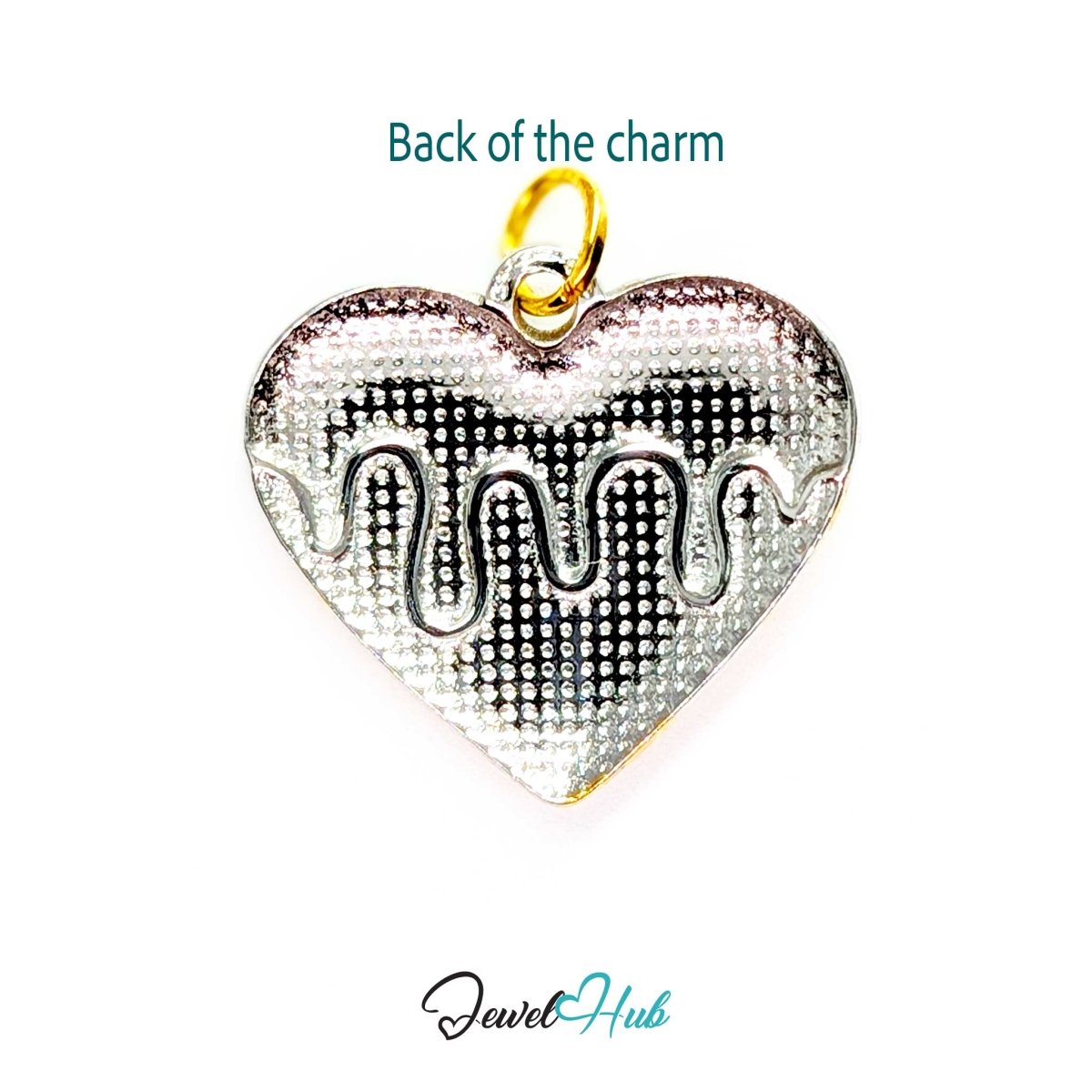 Back of the Drip Heart charm, two-tone stainless steel - plain silver, drip shape showing through - JewelHub