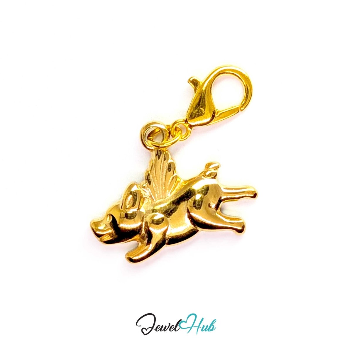 Gold Classic Flying Pig charm fitted with a lobster clasp, ready to clip onto a bracelet, bag or keyring - JewelHub