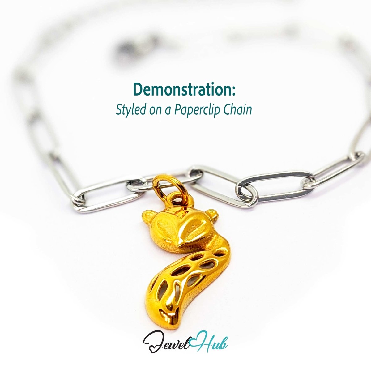 Gold fox charm styled on a silver paperclip chain bracelet for a two-tone look - JewelHub