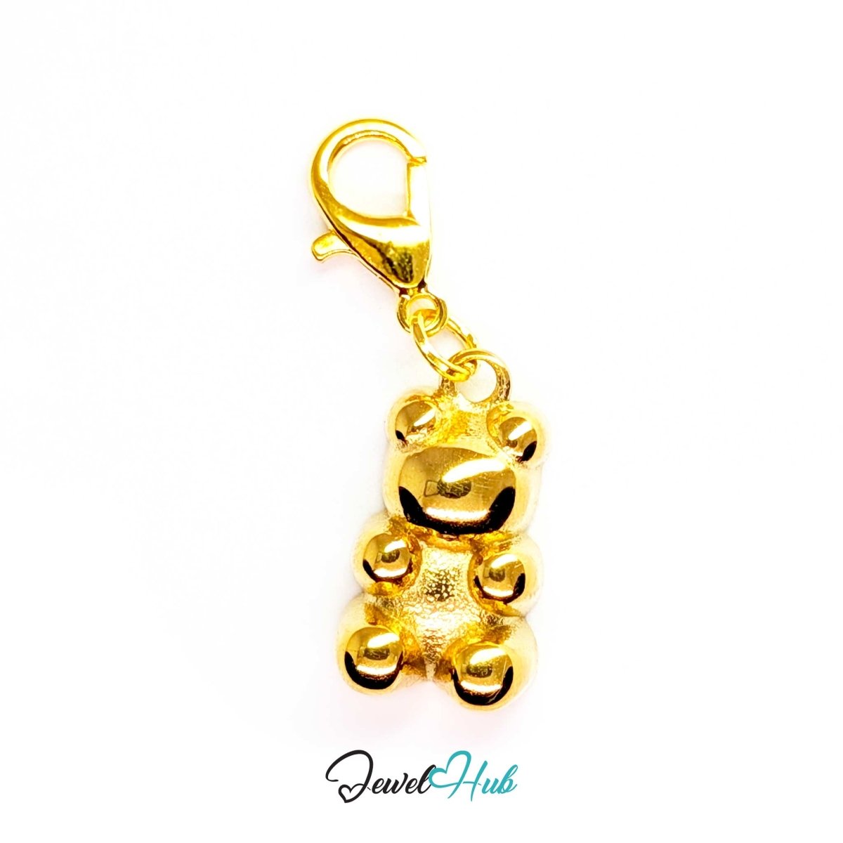 Gold Classic Gummy Bear charm fitted with a lobster clasp, ready to clip onto a bracelet, bag or keyring - JewelHub