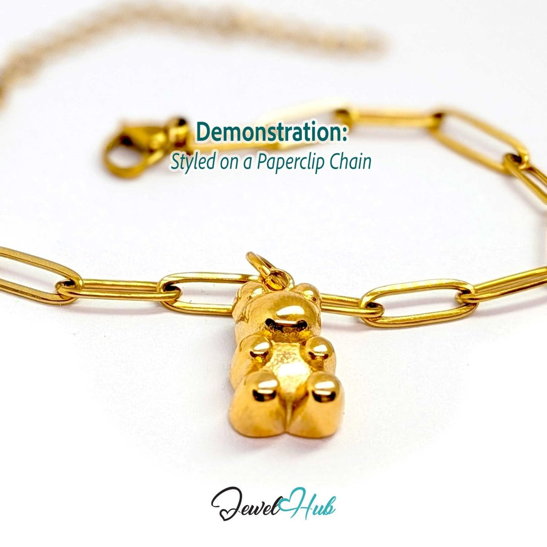 Gold classic Gummy Bear charm styled on a gold paperclip chain bracelet - JewelHub