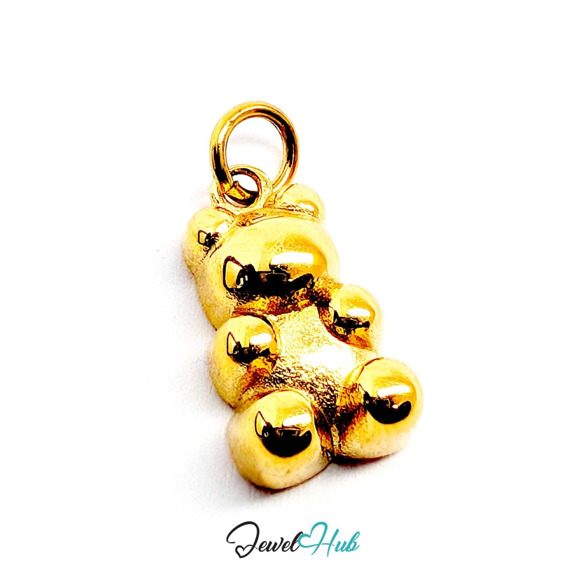 Gold Classic Gummy Bear charm tilted to show its depth and the jump ring at the top - JewelHub