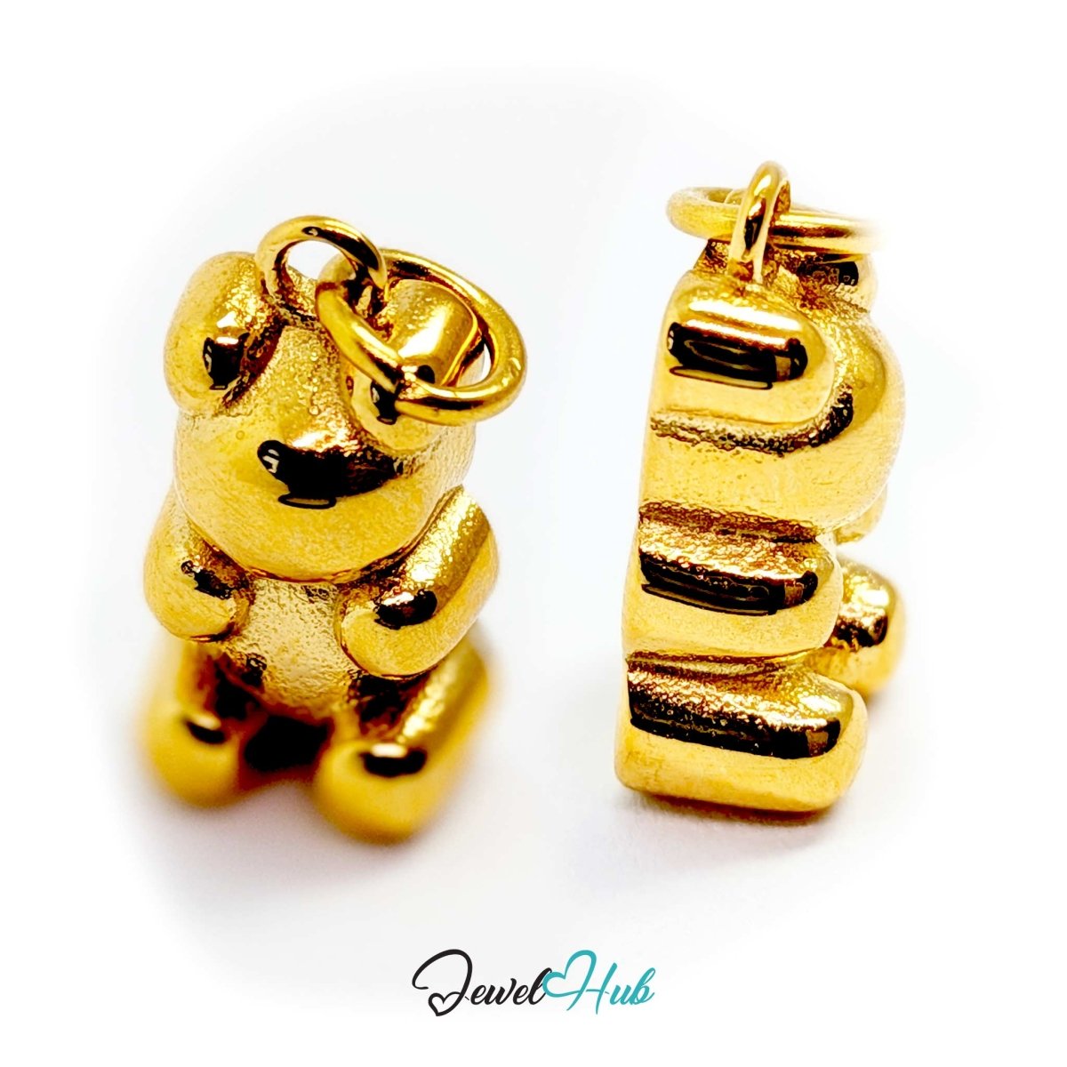Front and side views of the gold Classic Gummy Bear charm shown together, revealing the grooved limbs - JewelHub