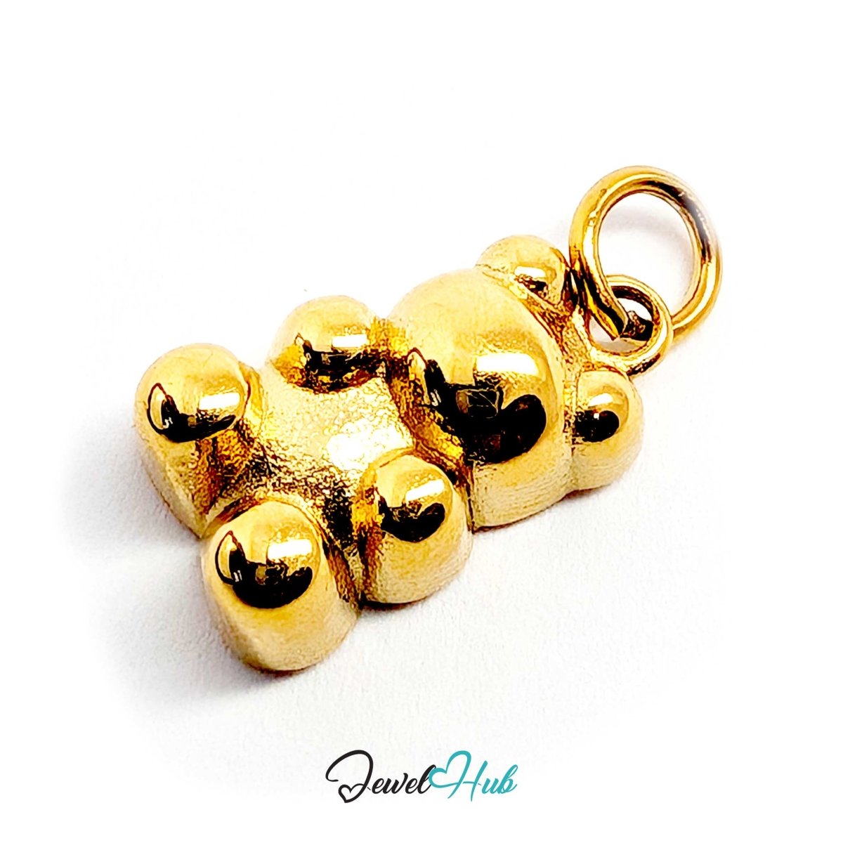 Gold Classic Gummy Bear charm lying flat, showing the contrast between frosted body and polished arms and legs - JewelHub