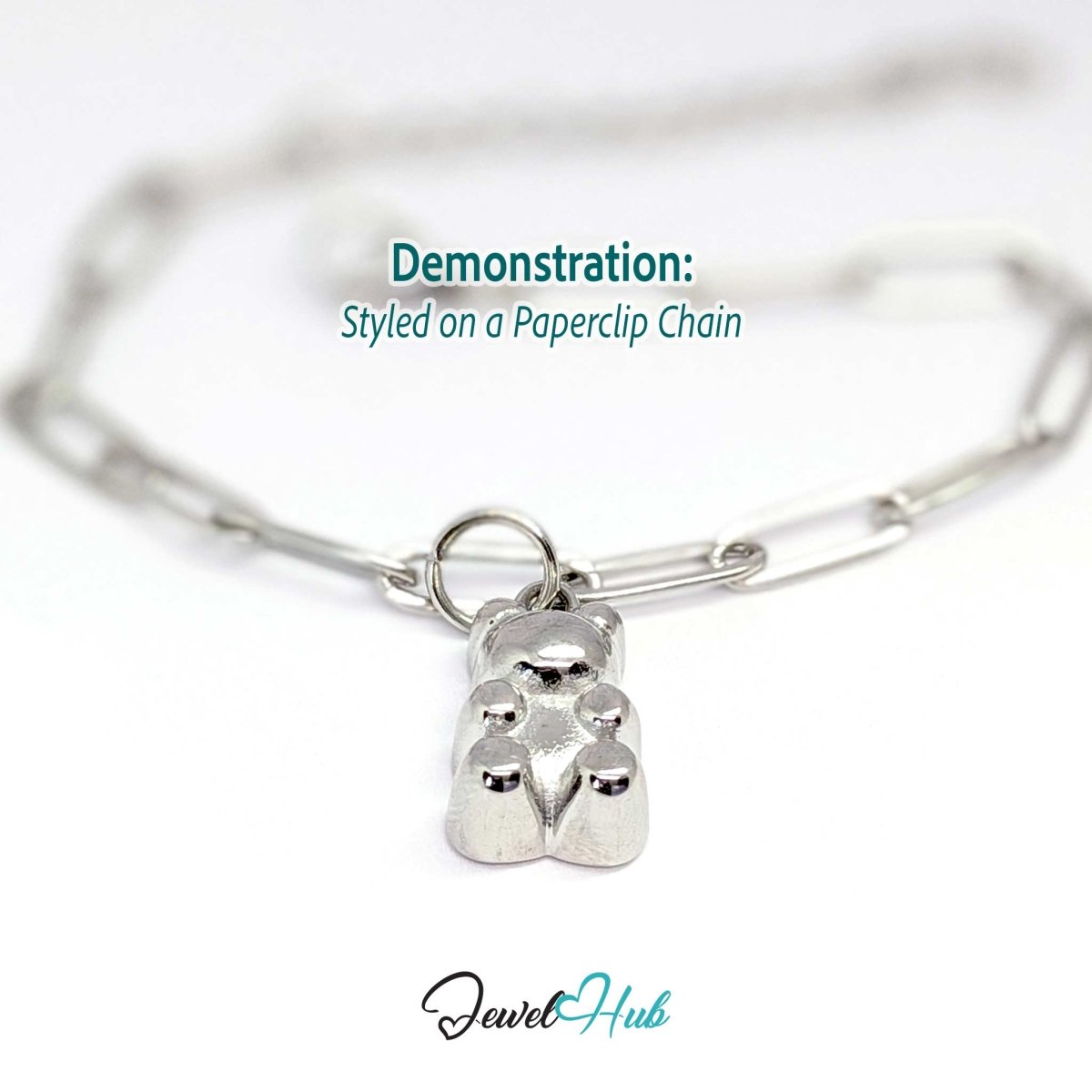 Silver classic Gummy Bear charm styled on a silver paperclip chain bracelet - JewelHub