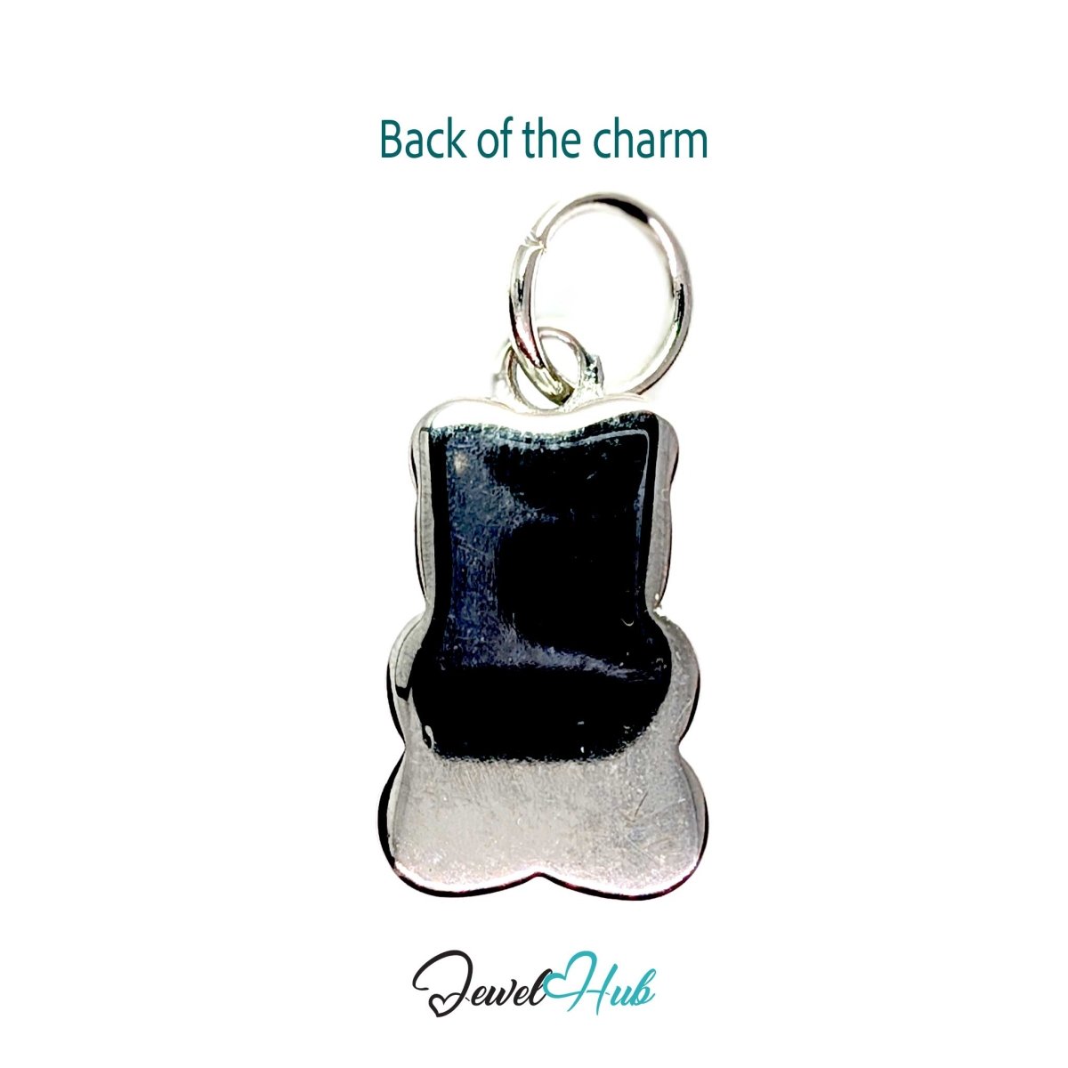 Back of the silver Classic Gummy Bear charm - smooth mirror-polished panel, ready for engraving - JewelHub