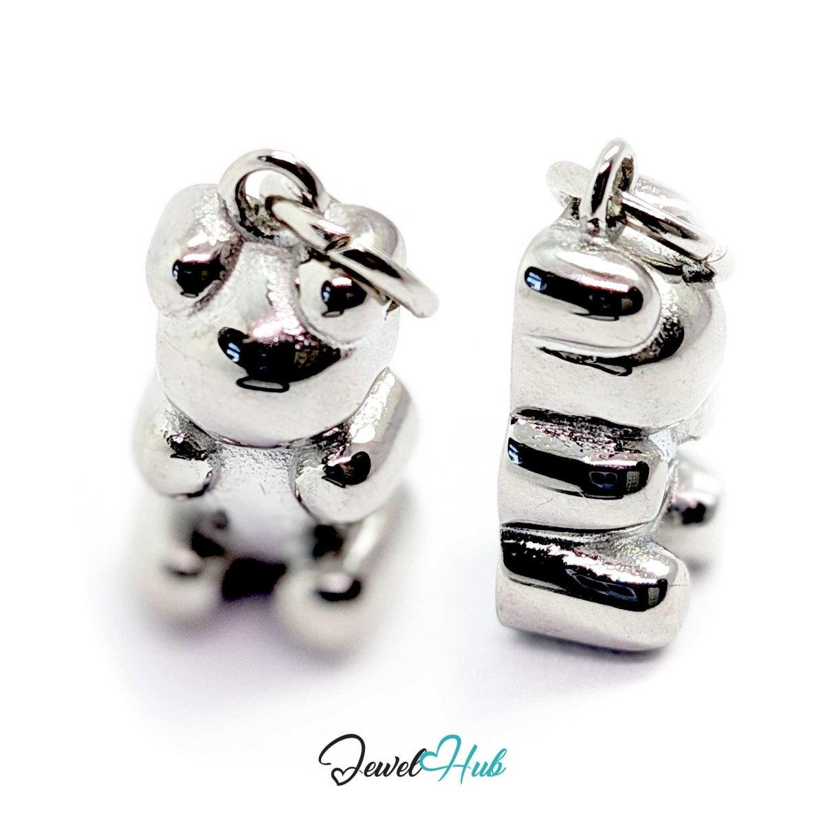 Silver Classic Gummy Bear charm lying flat, showing the contrast between frosted body and polished arms and legs - JewelHub