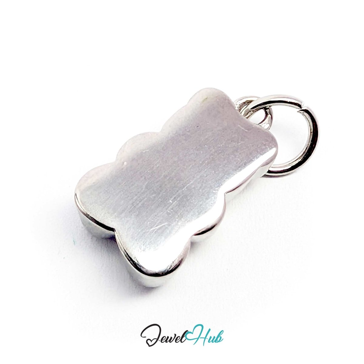 Front and side views of the silver Classic Gummy Bear charm shown together, revealing the grooved limbs - JewelHub