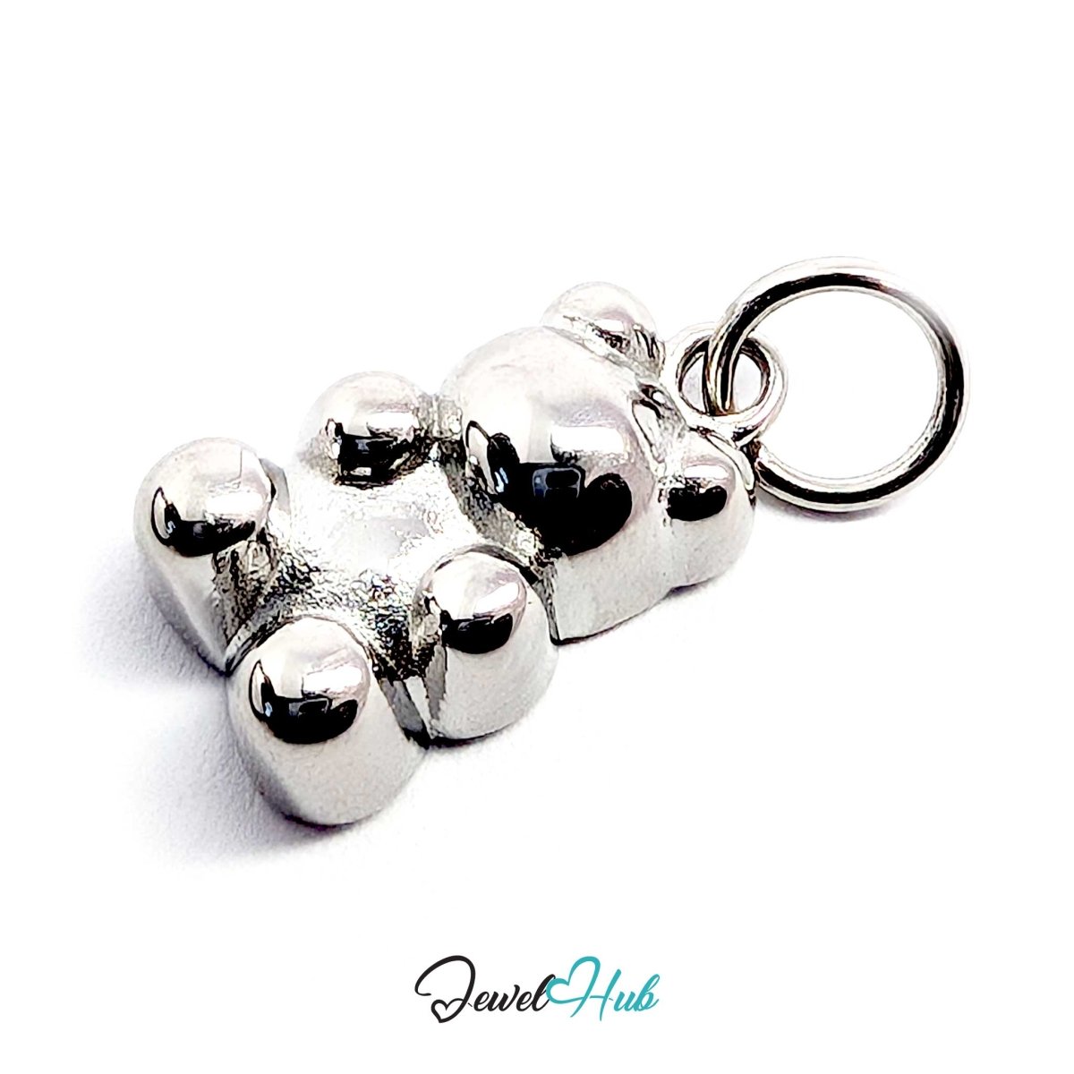 Silver Classic Gummy Bear charm tilted to show its depth and the jump ring at the top - JewelHub