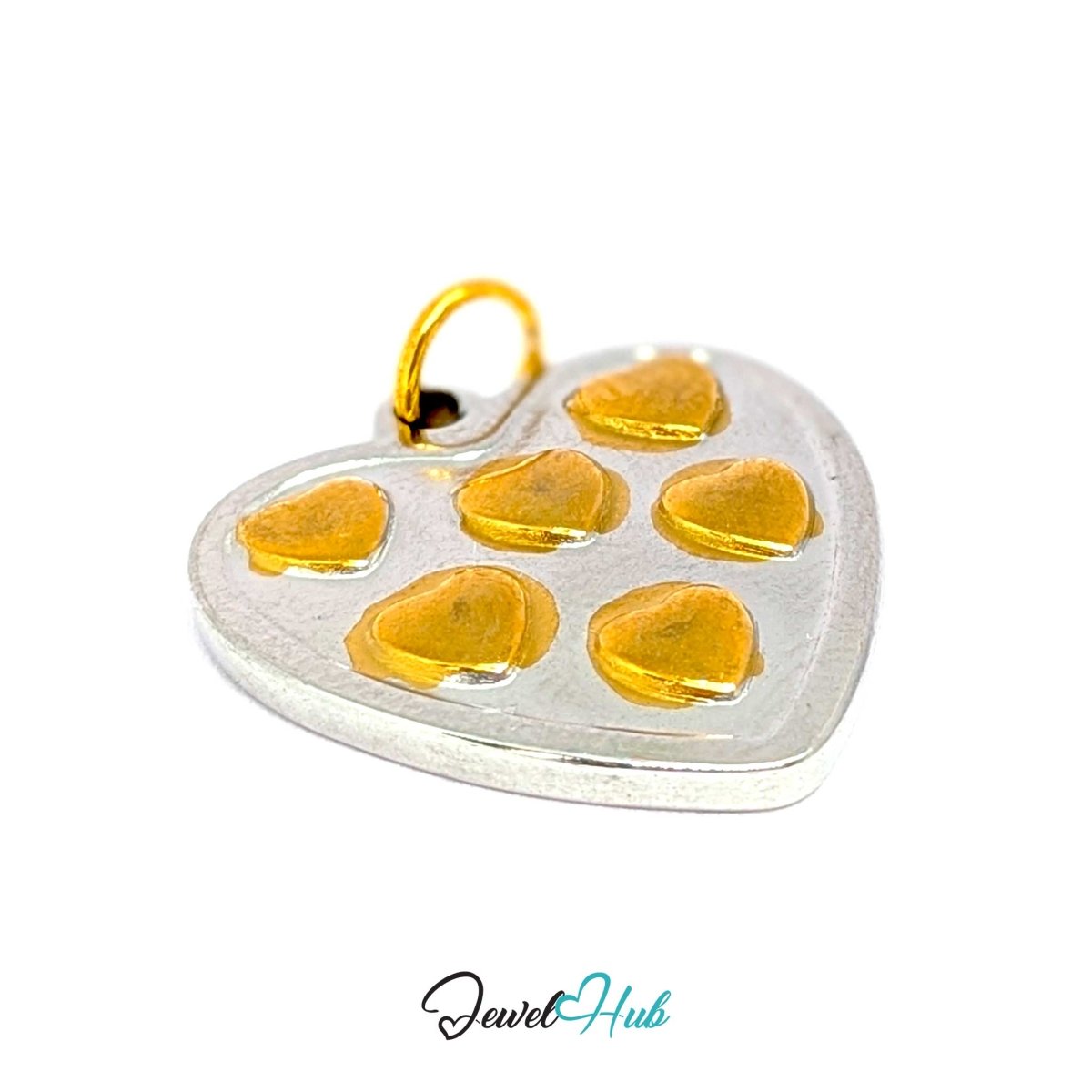 Heart Cluster charm tilted to show the six domed gold hearts standing proud of the dished face - JewelHub