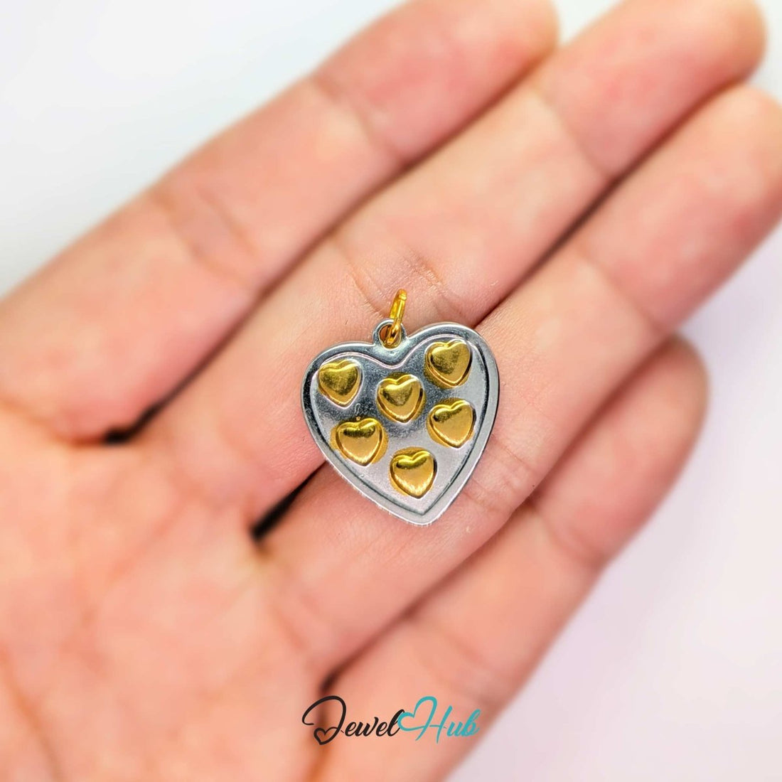 Heart Cluster charm in two-tone stainless steel, six raised gold hearts set into one silver heart - JewelHub