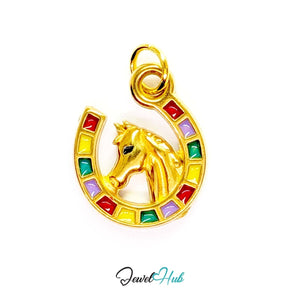 Horseshoe charm in gold stainless steel with a horse head and enamel - front view - JewelHub