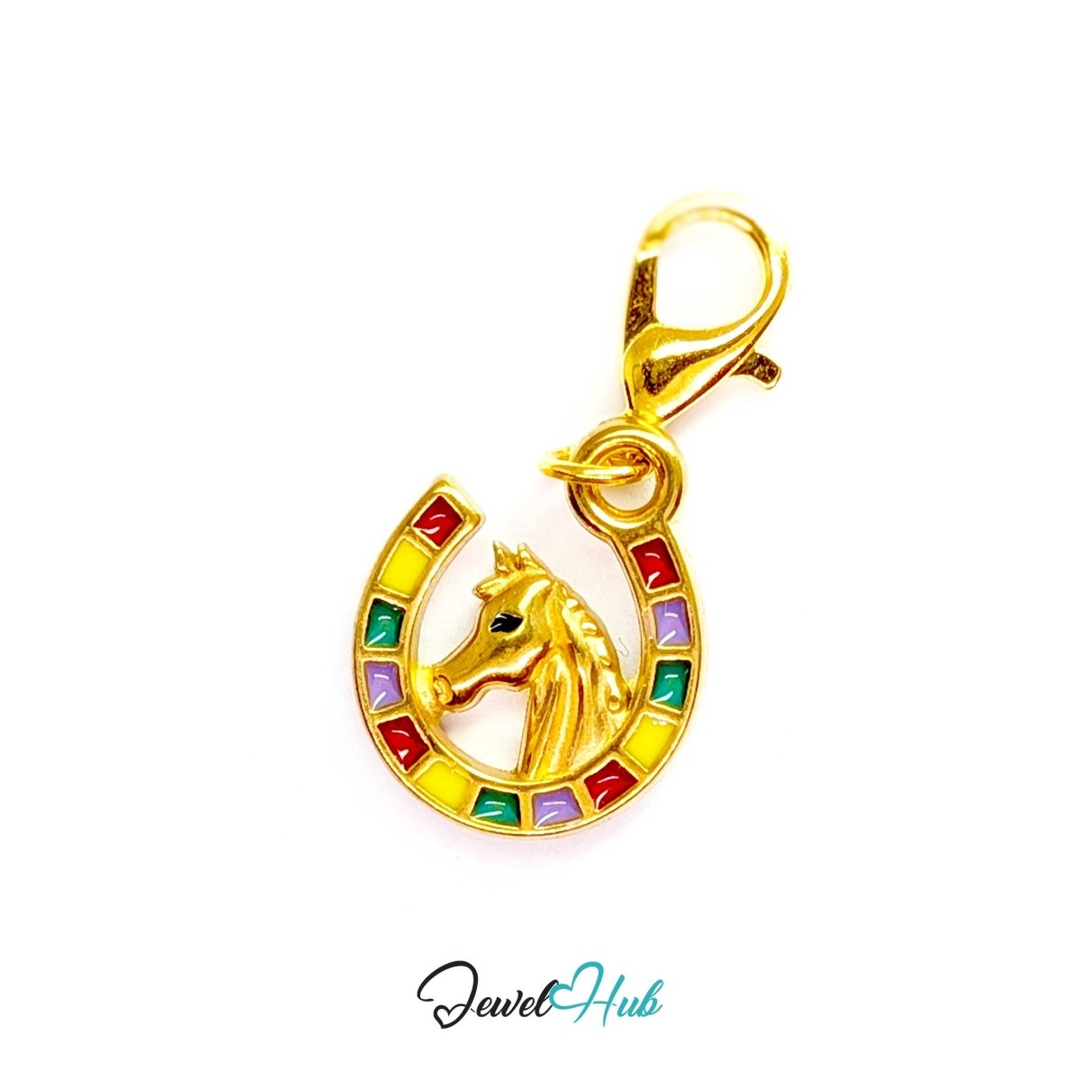 Horseshoe charm in gold stainless steel with a horse head and enamel - shown with the lobster clasp attached - JewelHub