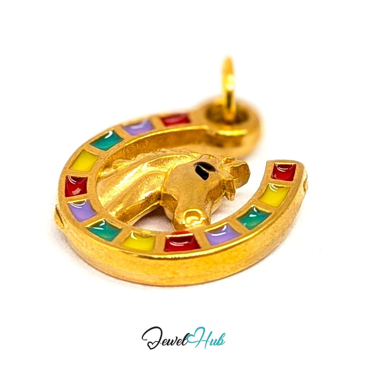 Horseshoe charm in gold stainless steel with a horse head and enamel - three-quarter view - JewelHub