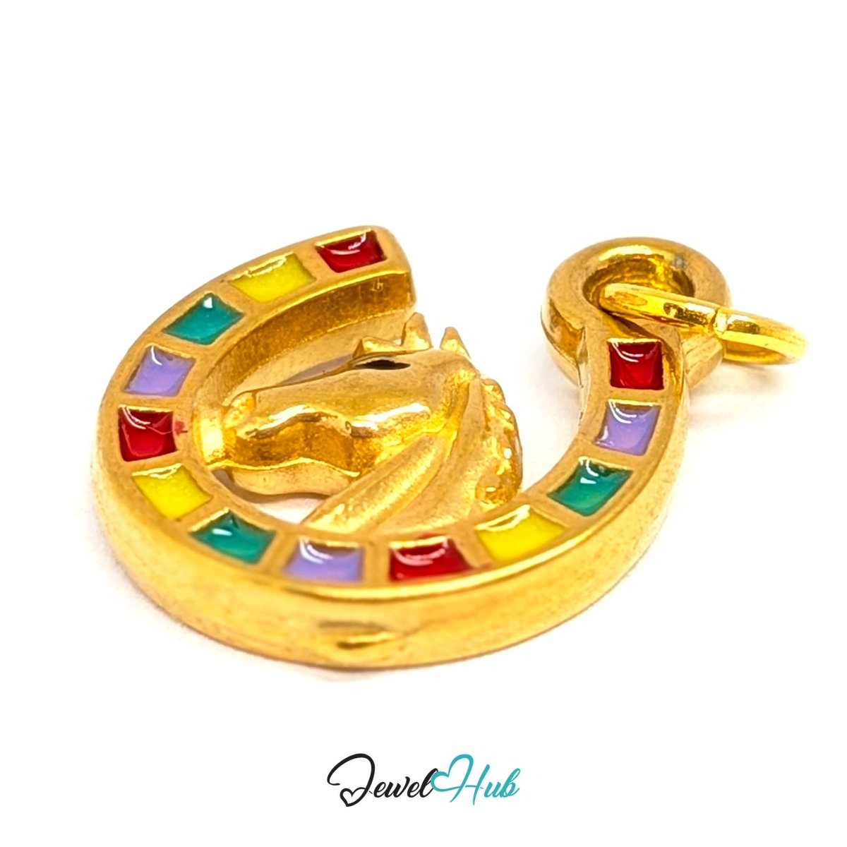 Horseshoe charm in gold stainless steel with a horse head and enamel - angled view - JewelHub