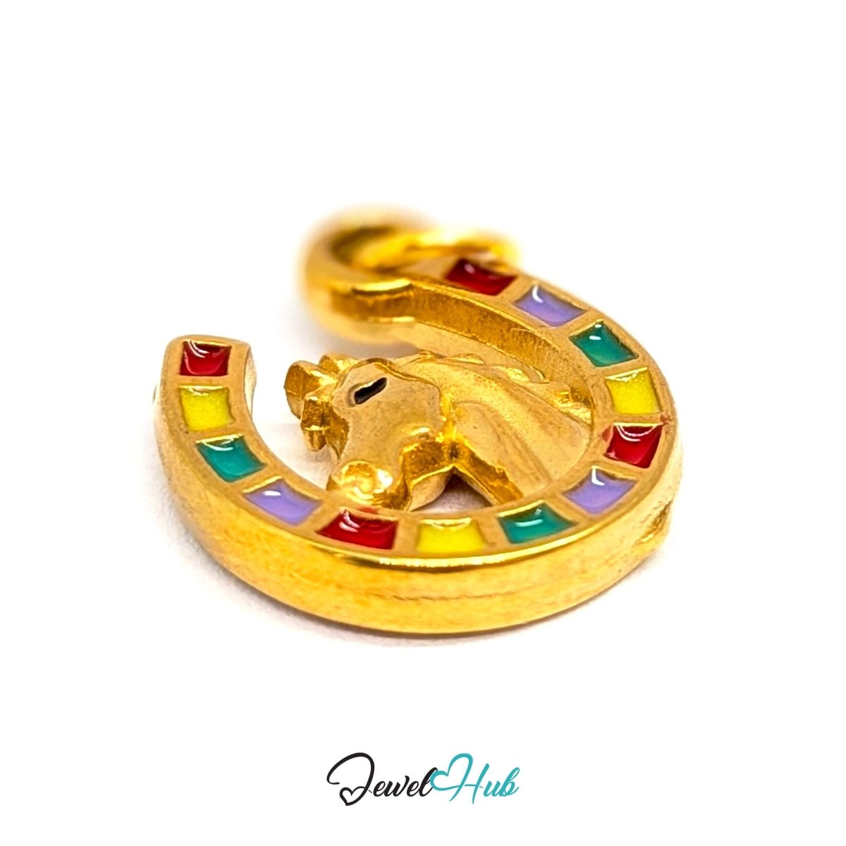 Horseshoe charm in gold stainless steel with a horse head and enamel - turned to show depth - JewelHub