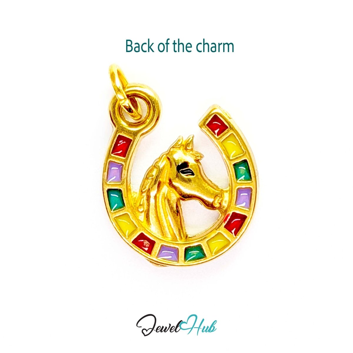 Horseshoe charm in gold stainless steel with a horse head and enamel - reverse - JewelHub