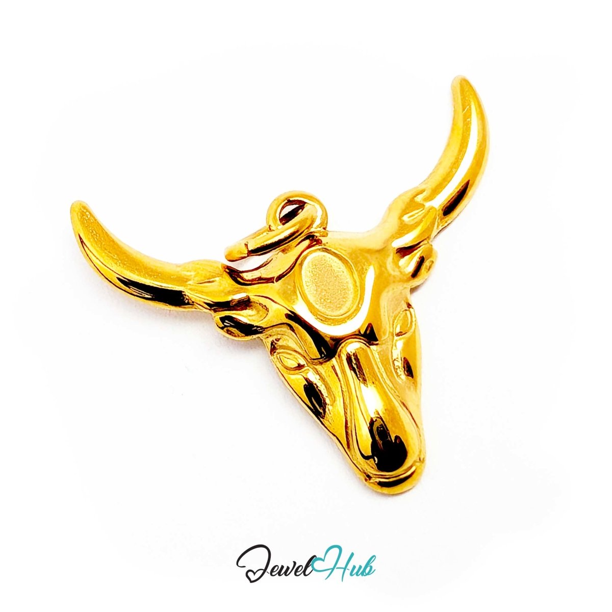 Gold longhorn bull charm tilted to show polished horns against the matte brow - JewelHub