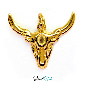 Longhorn bull head charm in gold stainless steel with wide sweeping horns - JewelHub
