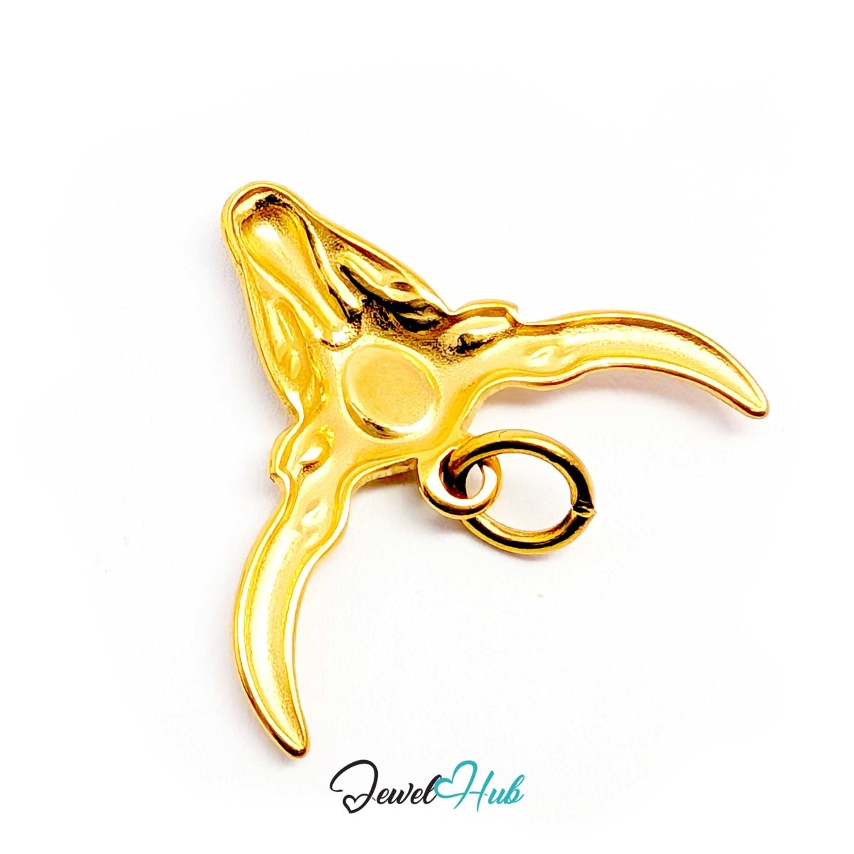 Gold longhorn bull charm from behind, showing the full 25mm horn span - JewelHub