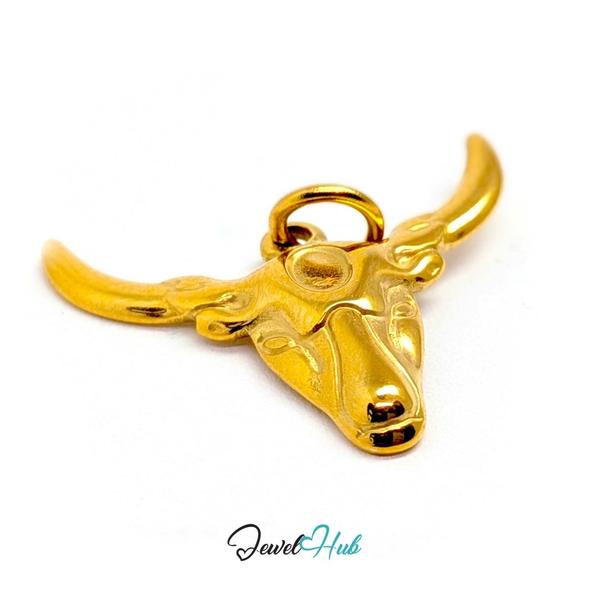 Gold longhorn bull charm angled to show the tapered muzzle and horn curve - JewelHub