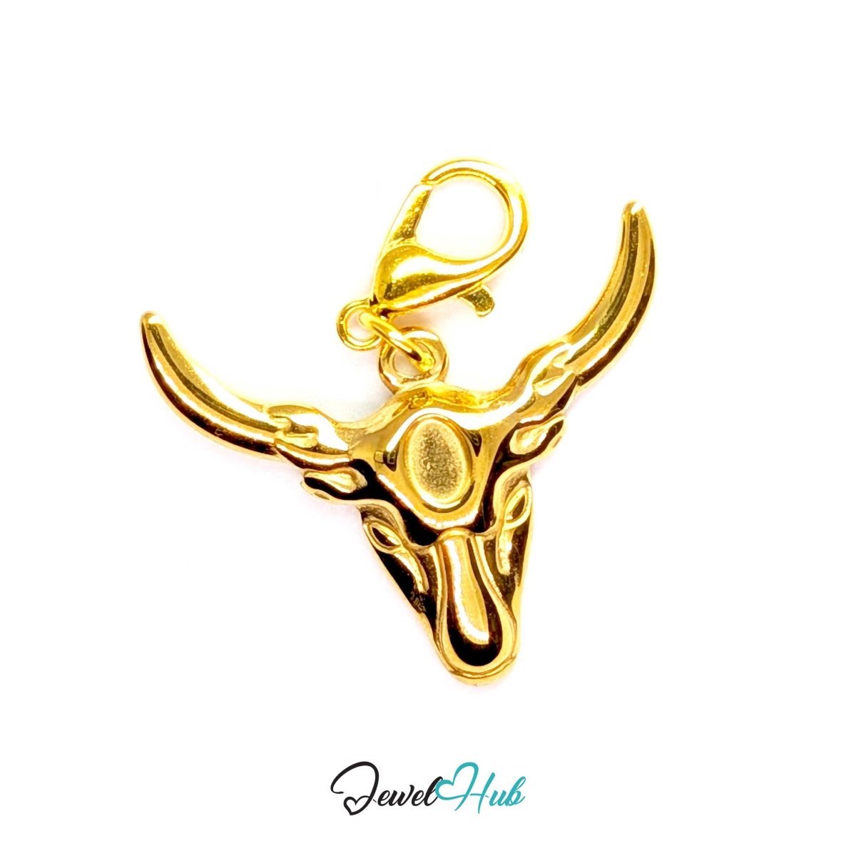Gold Classic Longhorn Bull charm fitted with a lobster clasp, ready to clip onto a bracelet, bag or keyring - JewelHub