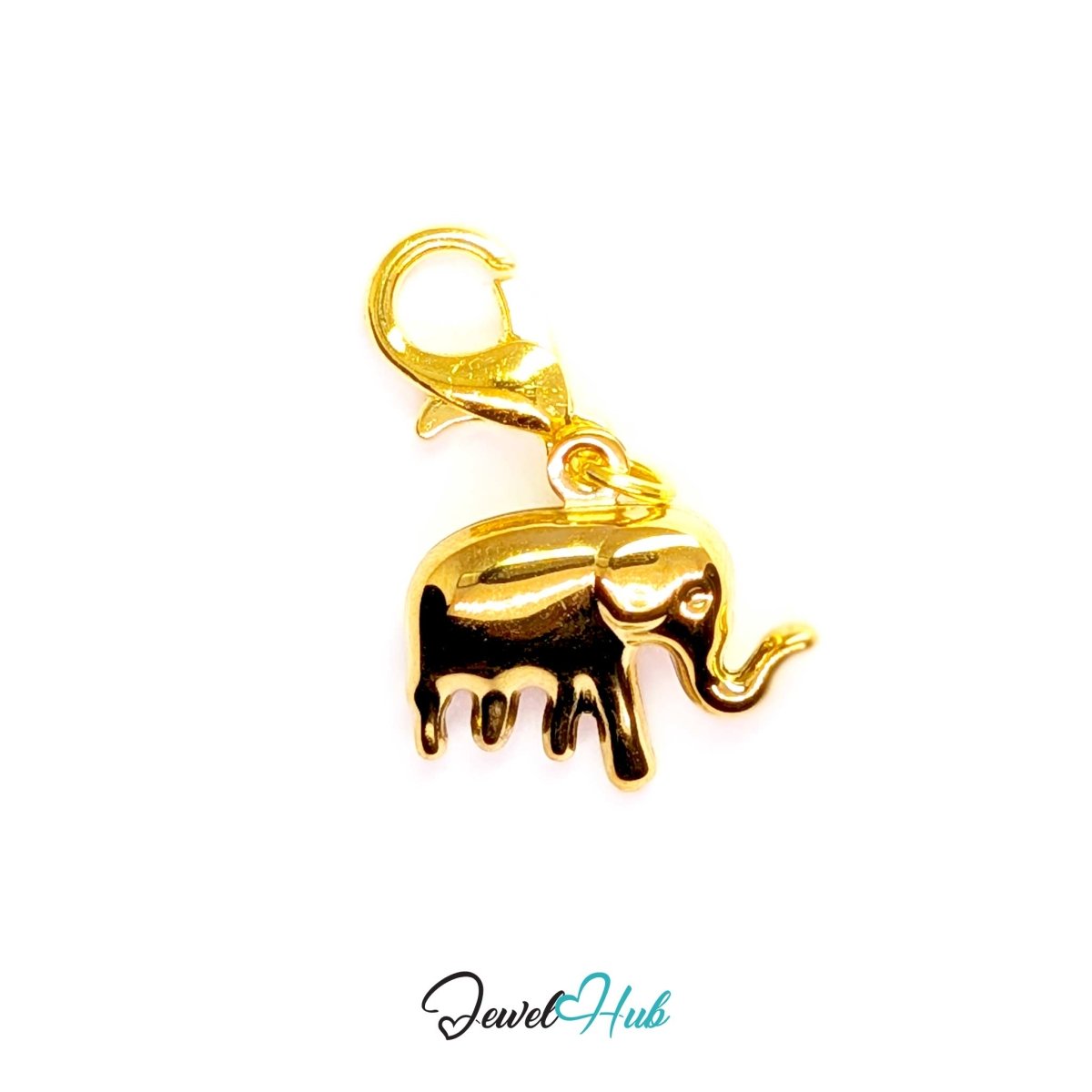 Gold Classic Lucky Elephant charm fitted with a lobster clasp, ready to clip onto a bracelet, bag or keyring - JewelHub