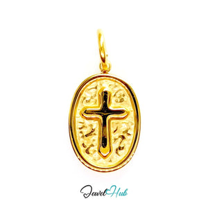 Oval cross medallion charm in gold stainless steel - front view - JewelHub