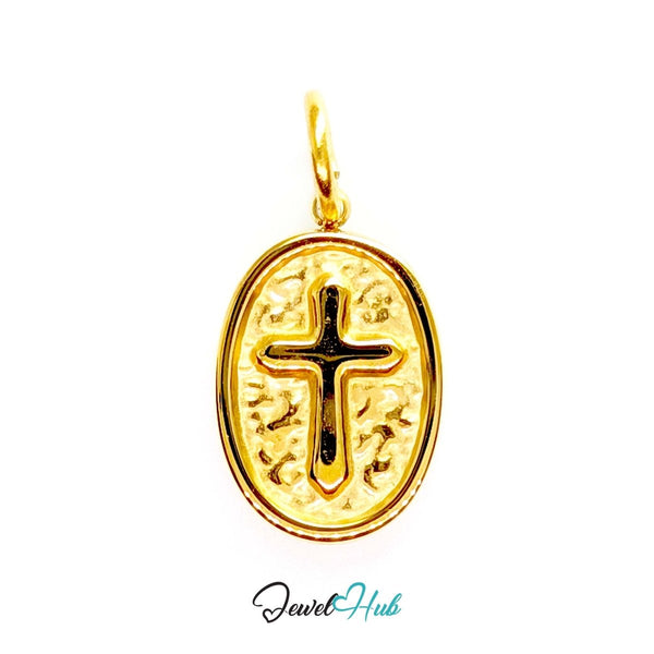 Oval cross medallion charm in gold stainless steel - front view - JewelHub