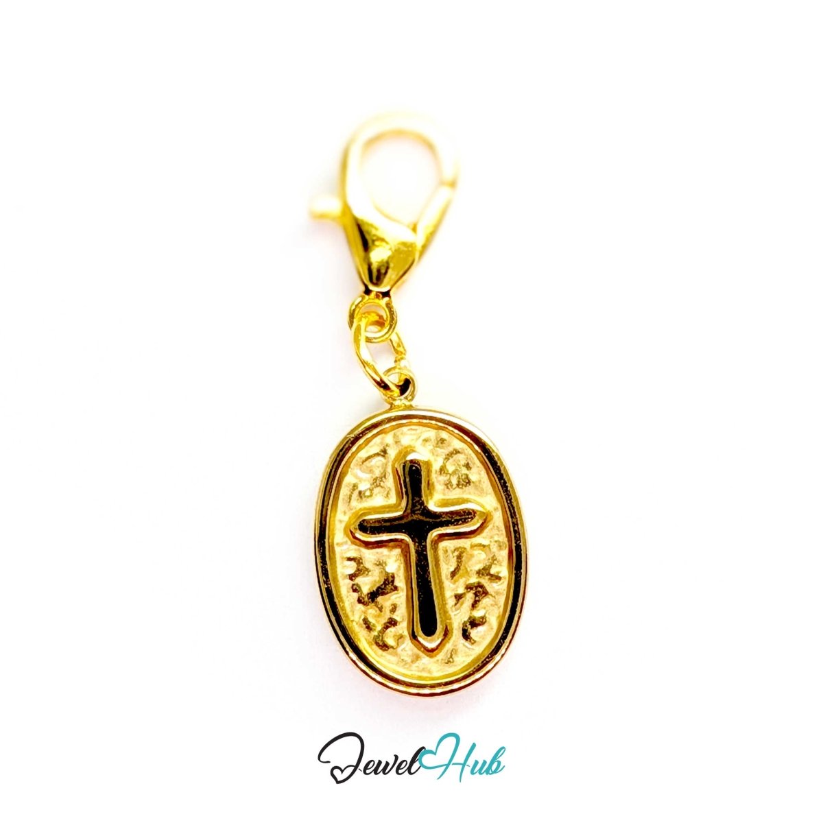 Oval cross medallion charm in gold stainless steel - shown with the lobster clasp attached - JewelHub