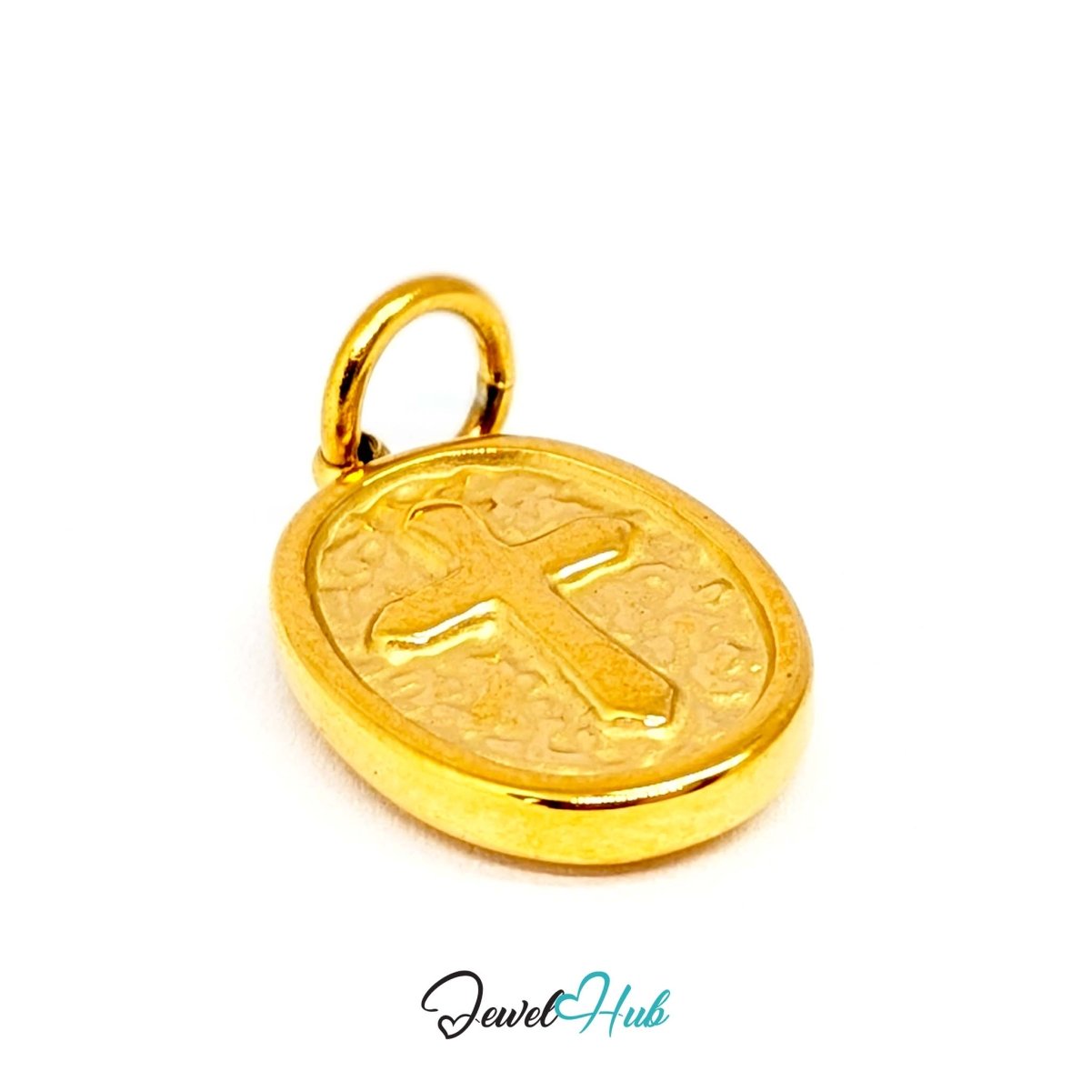 Oval cross medallion charm in gold stainless steel - three-quarter view - JewelHub