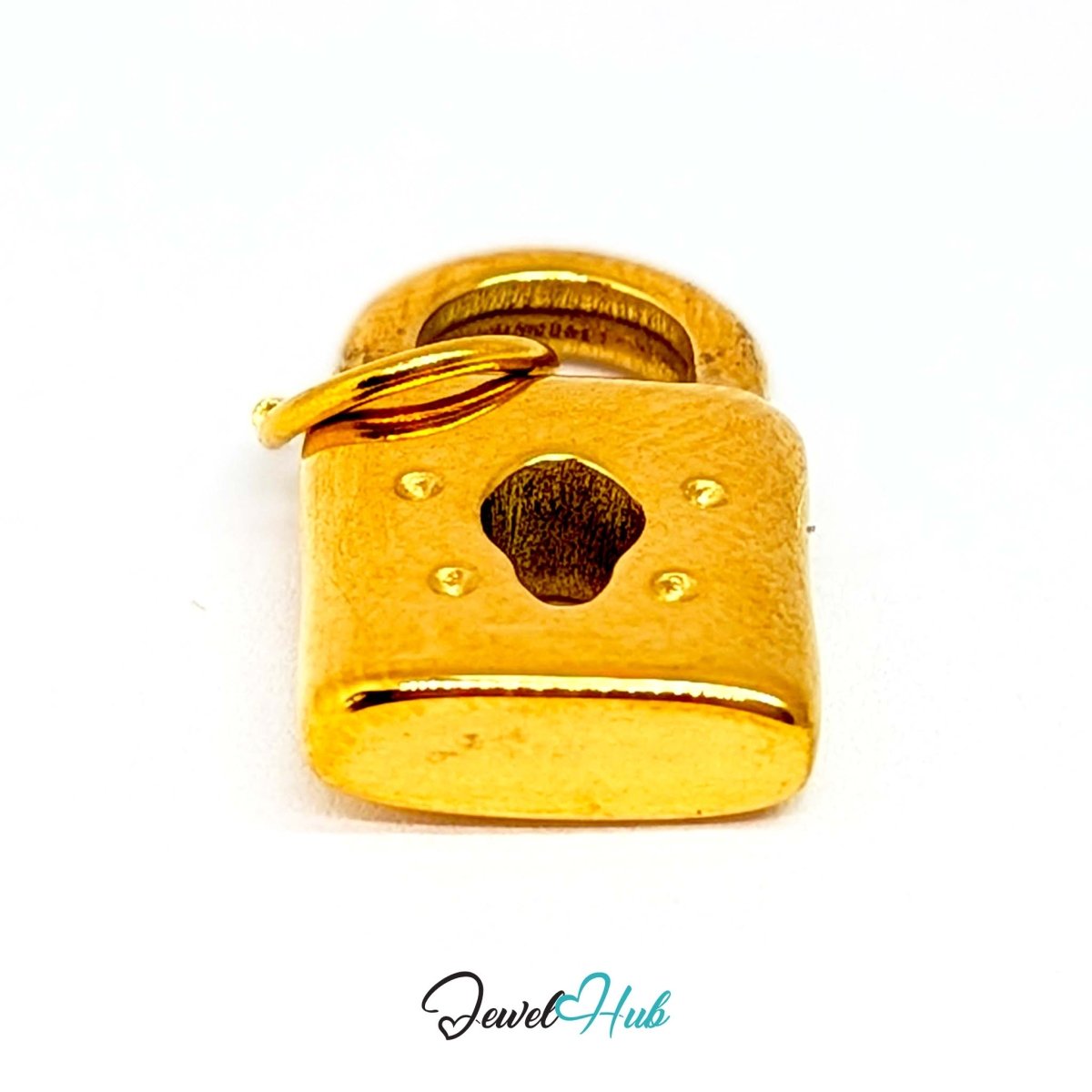 Classic padlock charm in gold stainless steel - turned to show depth - JewelHub