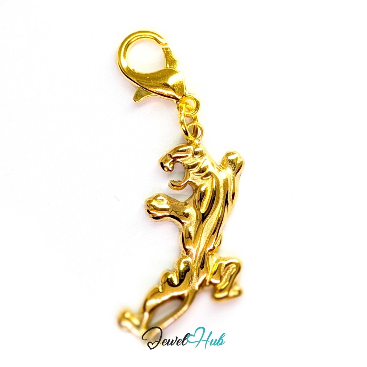 Gold Classic Prowling Tiger charm fitted with a lobster clasp, ready to clip onto a bracelet, bag or keyring - JewelHub