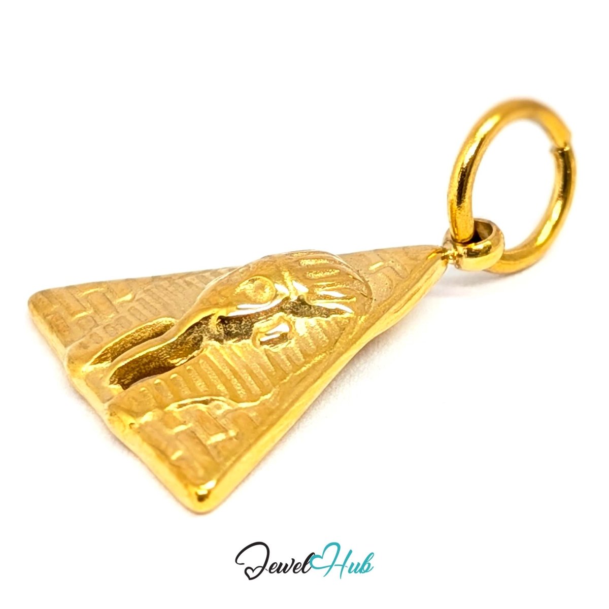 Pyramid and Sphinx charm in gold stainless steel - angled view - JewelHub