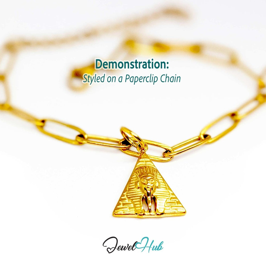 Pyramid and Sphinx charm in gold stainless steel - styled on a gold paperclip chain bracelet - JewelHub