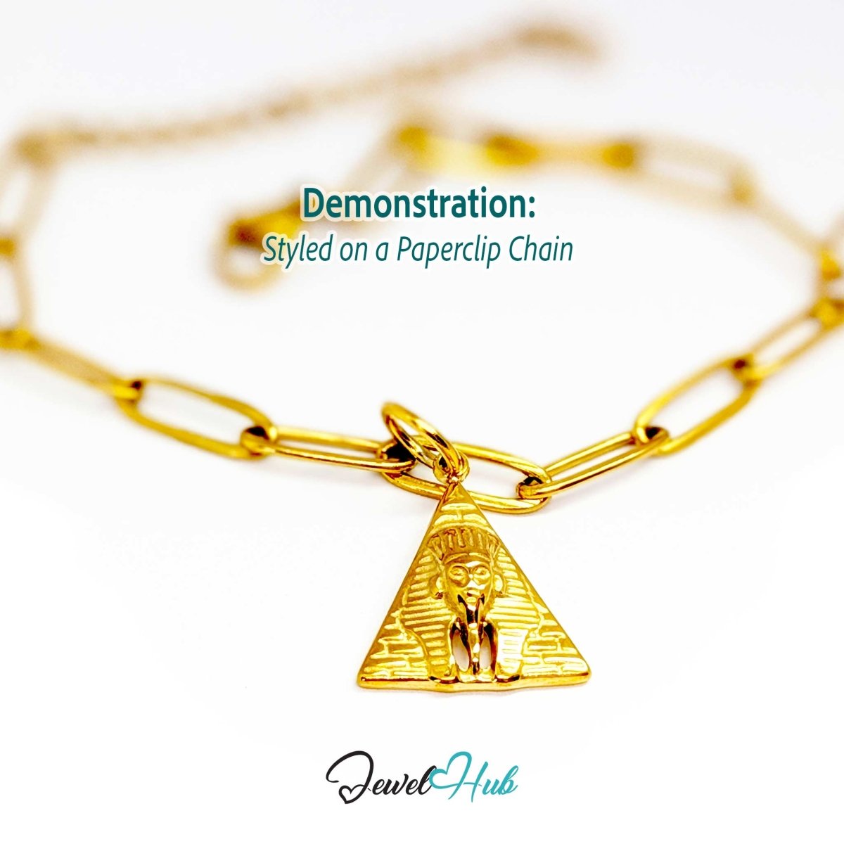 Pyramid and Sphinx charm in gold stainless steel - styled on a gold paperclip chain bracelet - JewelHub