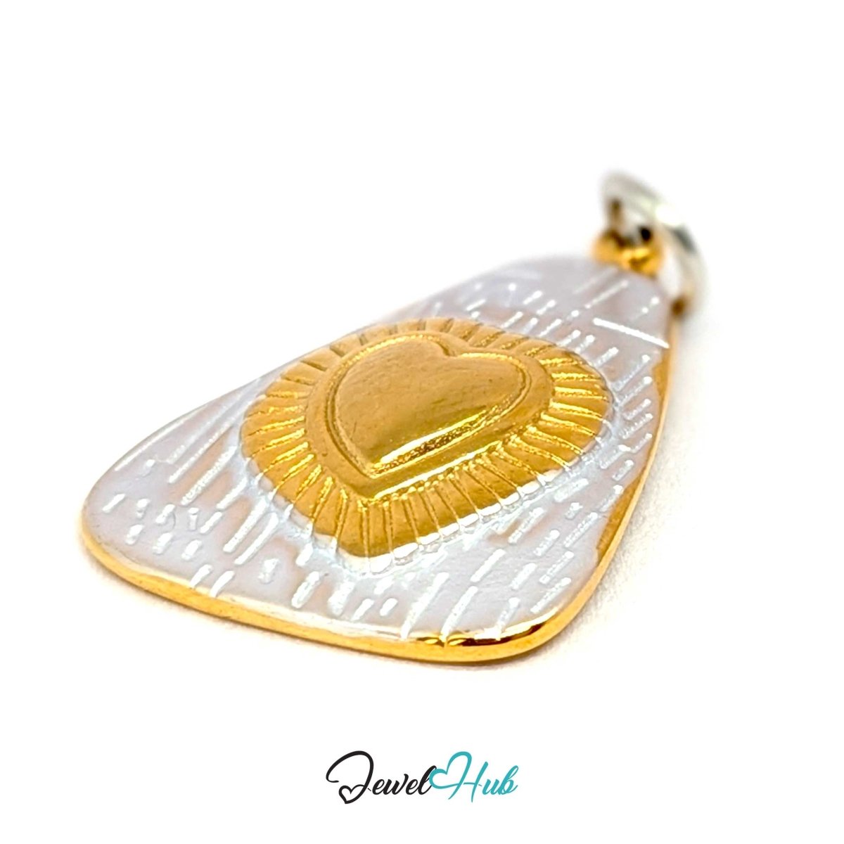 Radiant Heart charm tilted to show the cut rays fanning out around the gold heart - JewelHub
