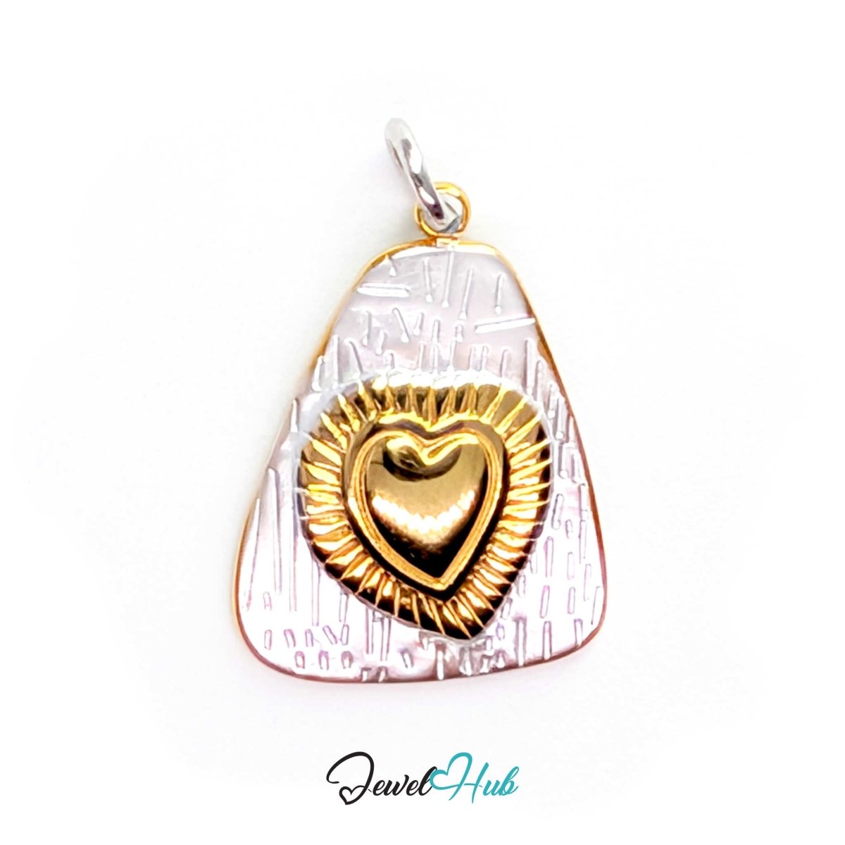 Radiant Heart charm in two-tone stainless steel, a gold heart ringed with cut rays on textured silver - JewelHub
