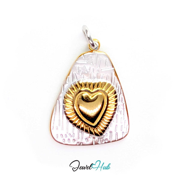 Radiant Heart charm in two-tone stainless steel, a gold heart ringed with cut rays on textured silver - JewelHub