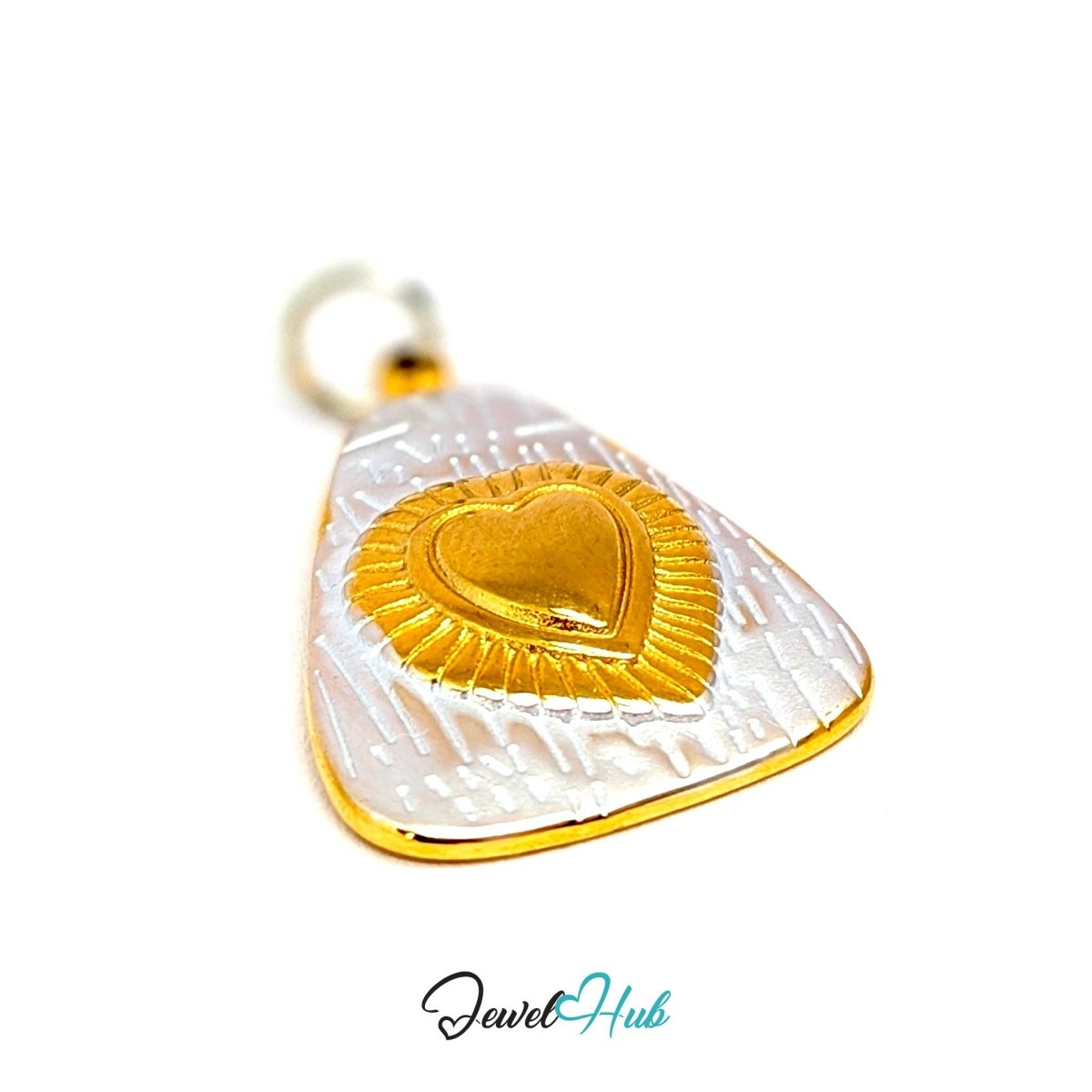 Radiant Heart charm at an angle, showing the brushed silver shield and its 3mm thickness - JewelHub