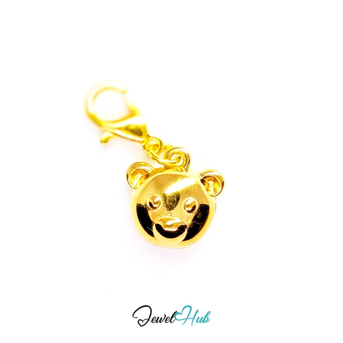 Gold Classic Round Bear Head charm fitted with a lobster clasp, ready to clip onto a bracelet, bag or keyring - JewelHub