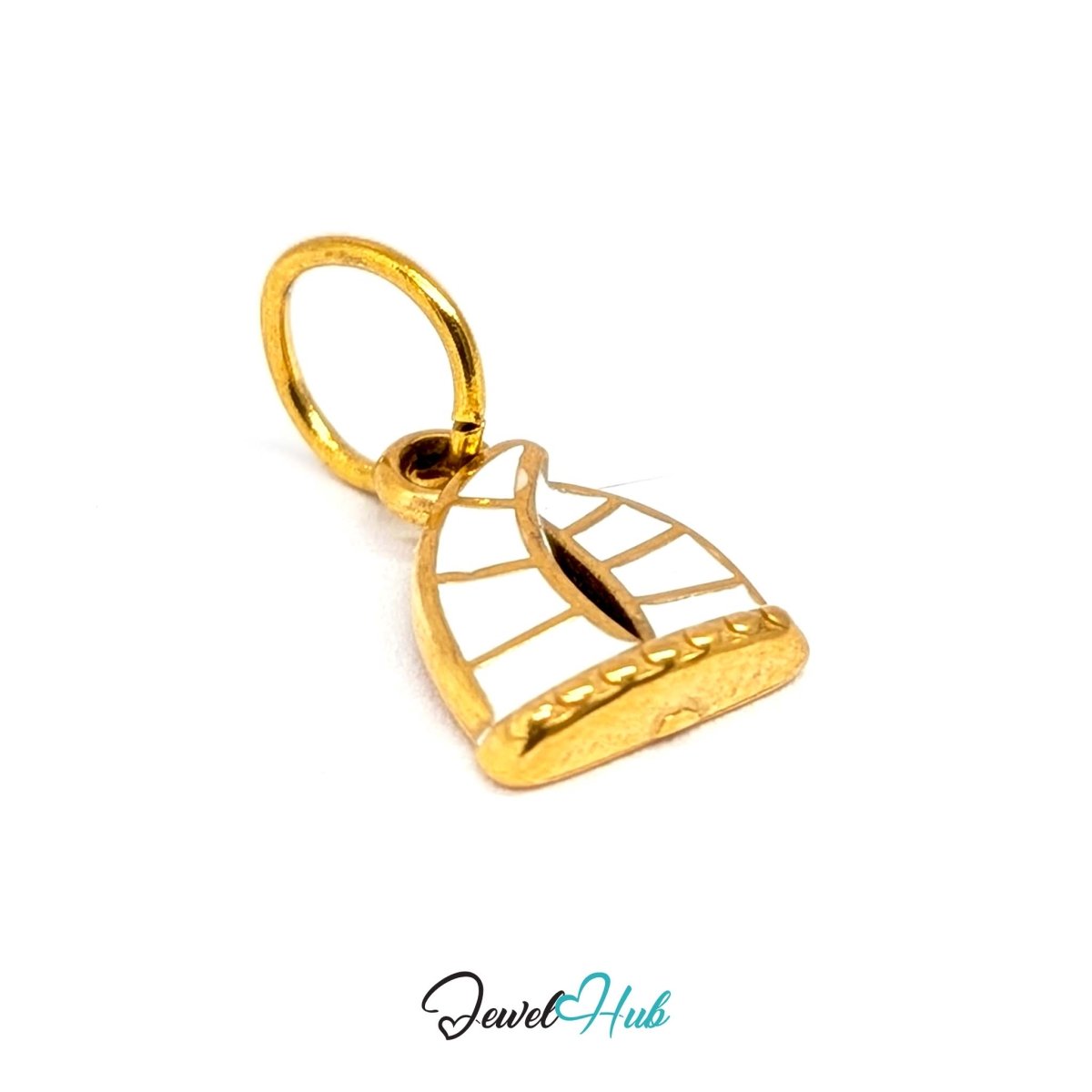Sailboat charm in gold stainless steel with an openwork sail - three-quarter view - JewelHub